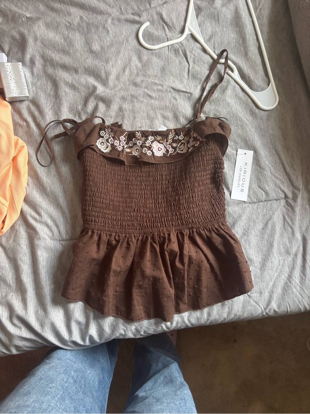Brown Embroidered Smocked Peplum Tank Top